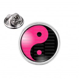 Pin's rond 2cm argenté Yin Yang Rose Fuschia Noir Harmonie Equilibre Feng Shui Paix Peace