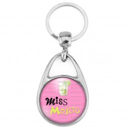 Porte Clés Métal 2 Faces Logo 3cm Miss Mojito - Verre Mojiton boisson sur fond rose
