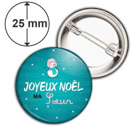 Badge 25mm Epingle Joyeux Noël MA SUR - Bonhomme de neige Flocons Fond Bleu