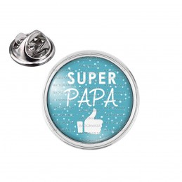 Pin's rond 2cm argenté Super Papa - Fond Bleu Pouce Levé