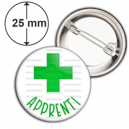 Badge 25mm Epingle Apprenti en Pharmacie Croix Verte Fond Blanc