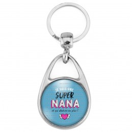 Porte Clés Métal 2 Faces Logo 3cm Je suis une super Nana et qui déchire en plus - Fond Bleu