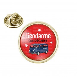 Pin's rond 2cm doré Gendarme qui déchire - Estafette Fond Rouge