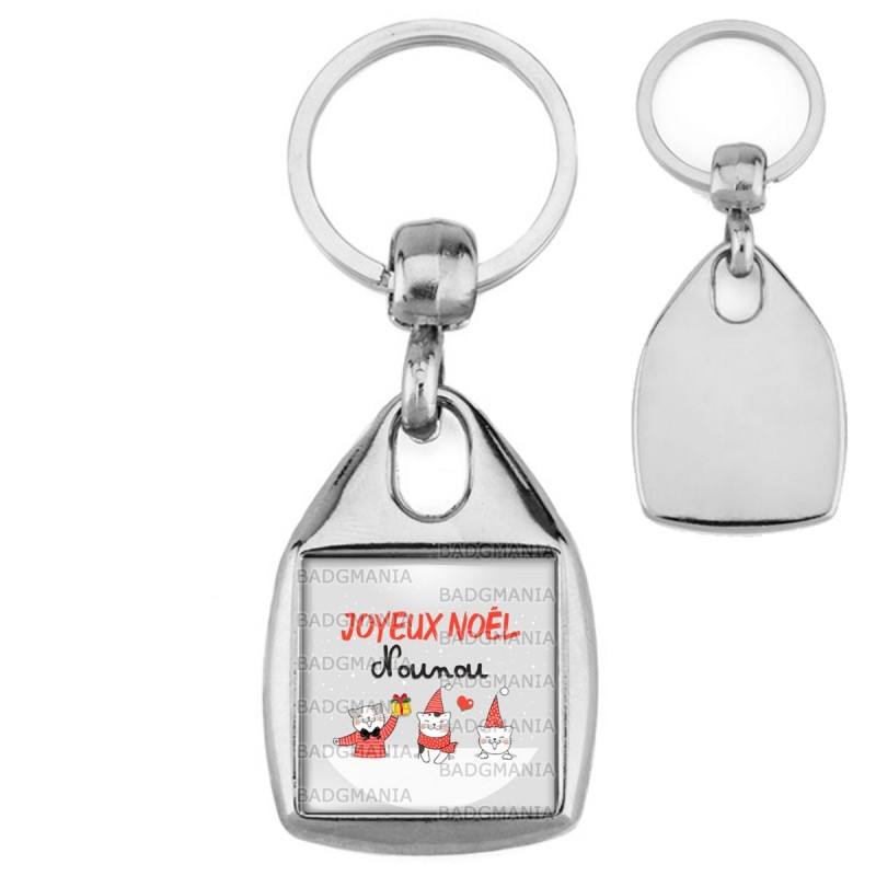 Porte Cles Carre Acier Joyeux Noel Nounou Chatons Noel Rouge Fond Gris Flocons Neige