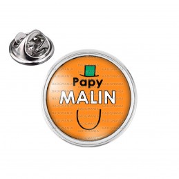 Pin's rond 2cm argenté Papy Malin - Fond orange