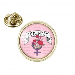Pin's rond 2cm doré Feminist - Girl Power - Fleurs Fond Rose