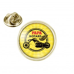 Pin's rond 2cm doré Papa Motard - Moto Ailée Fond Jaune