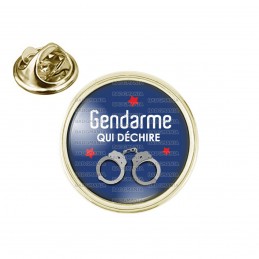Pin's rond 2cm doré Gendarme qui déchire - Menottes Fond Bleu