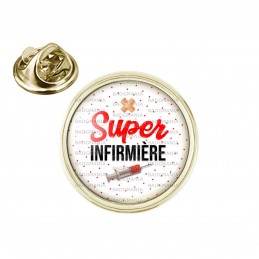 Pin's rond 2cm doré Super Infirmière - Seringue Fond Blanc Points Rouges