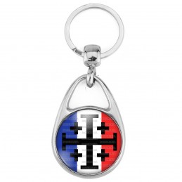 Porte Clés Métal 2 Faces Logo 3cm Croix de Jérusalem Terre Sainte Drapeau Français Catholique Nation