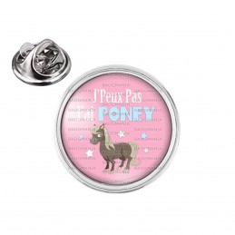Pin's rond 2cm argenté J'Peux Pas J'ai Poney - Equitation fond rose