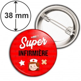 Badge 38mm Epingle Super Infirmière - Tête Pansement Fond Rouge