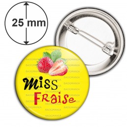 Badge 25mm Epingle Miss Fraise - Fruit fraises sur fond jaune