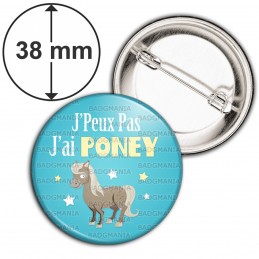 Badge 38mm Epingle J'Peux Pas J'ai Poney - Equitation fond bleu