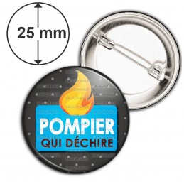 Badge 25mm Epingle Pompier Qui Déchire Bleu - Flamme Feu Fond Gris Foncé