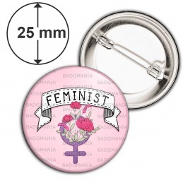 Badge 25mm Epingle Feminist - Girl Power - Fleurs Fond Rose